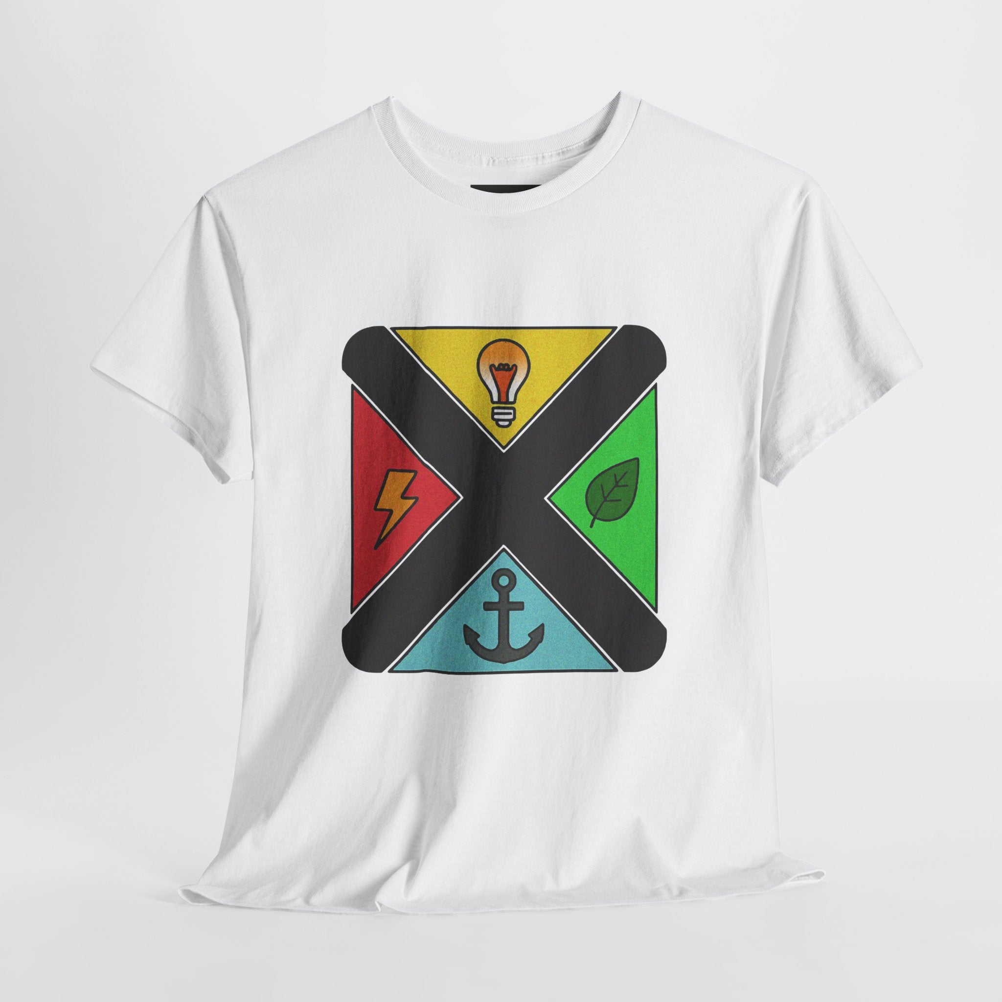 Symbolic Compass T-Shirt — Lightbulb, Lightning, Leaf & Anchor Badge Unisex Tee