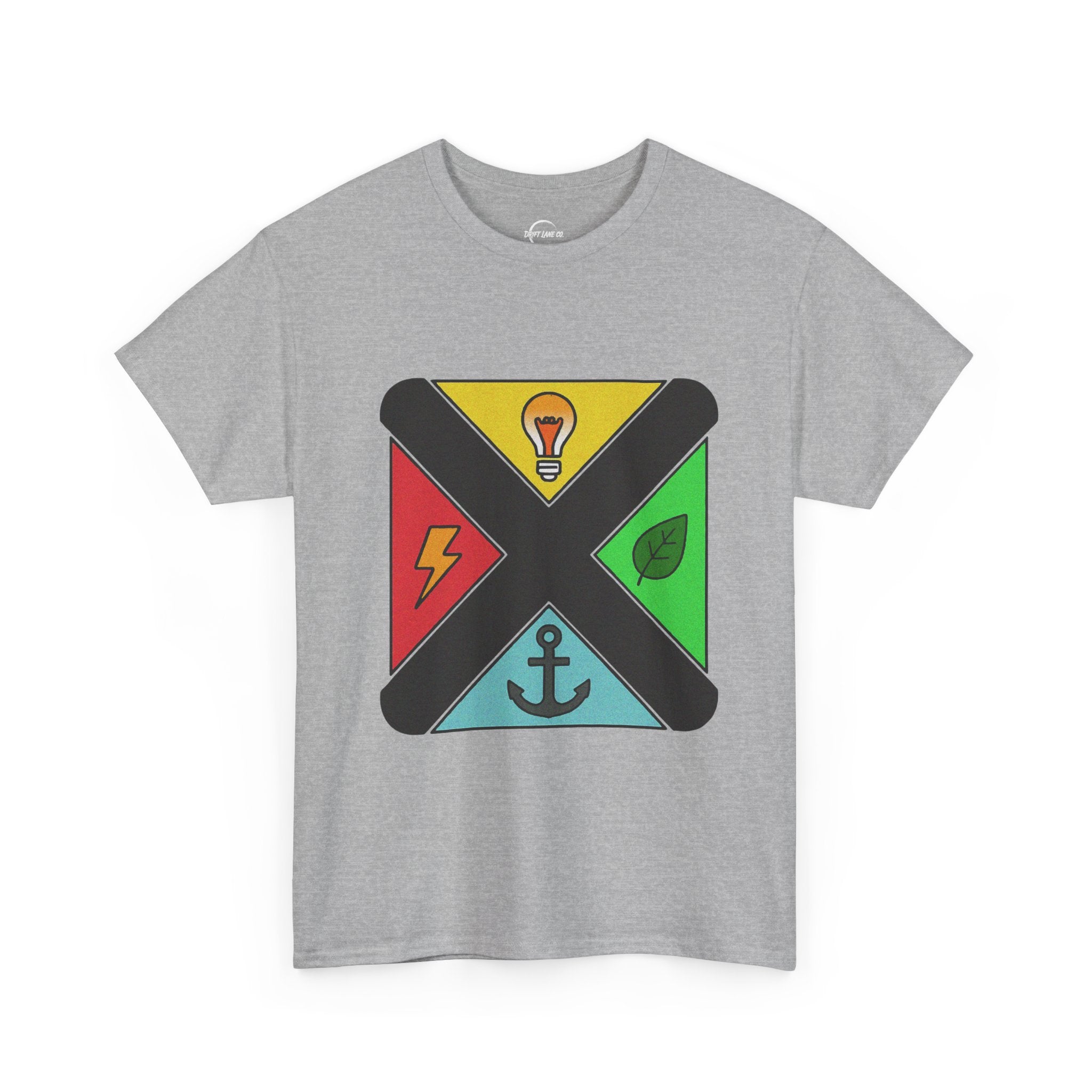 Symbolic Compass T-Shirt — Lightbulb, Lightning, Leaf & Anchor Badge Unisex Tee