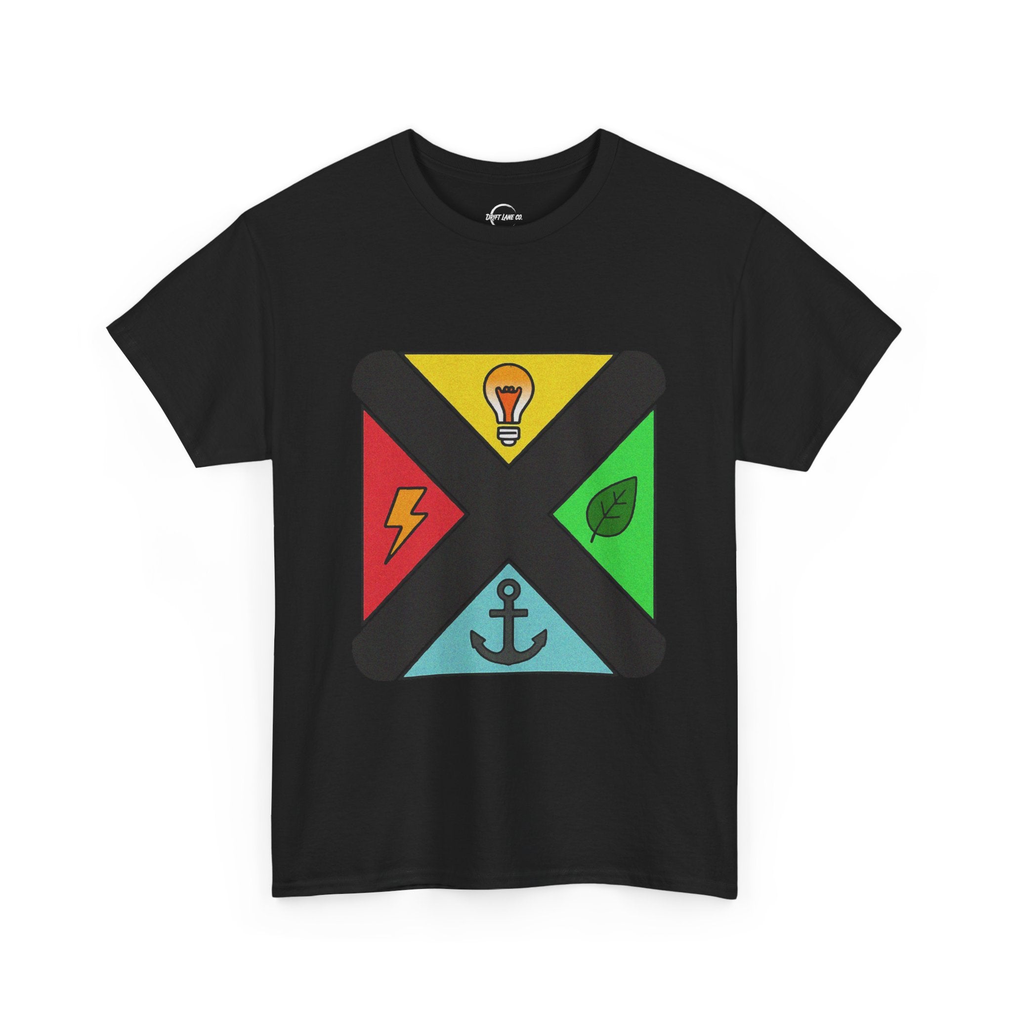 Symbolic Compass T-Shirt — Lightbulb, Lightning, Leaf & Anchor Badge Unisex Tee
