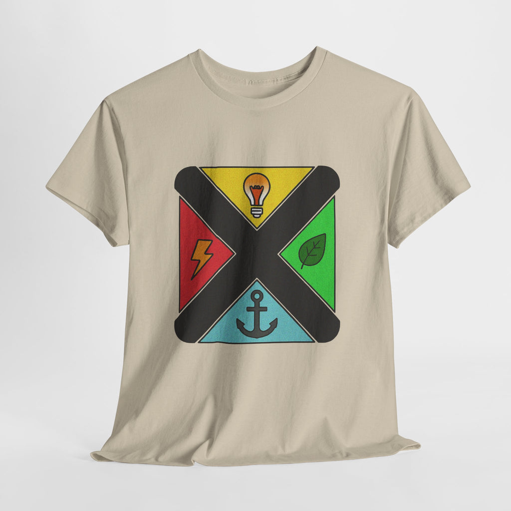 Symbolic Compass T-Shirt — Lightbulb, Lightning, Leaf & Anchor Badge Unisex Tee