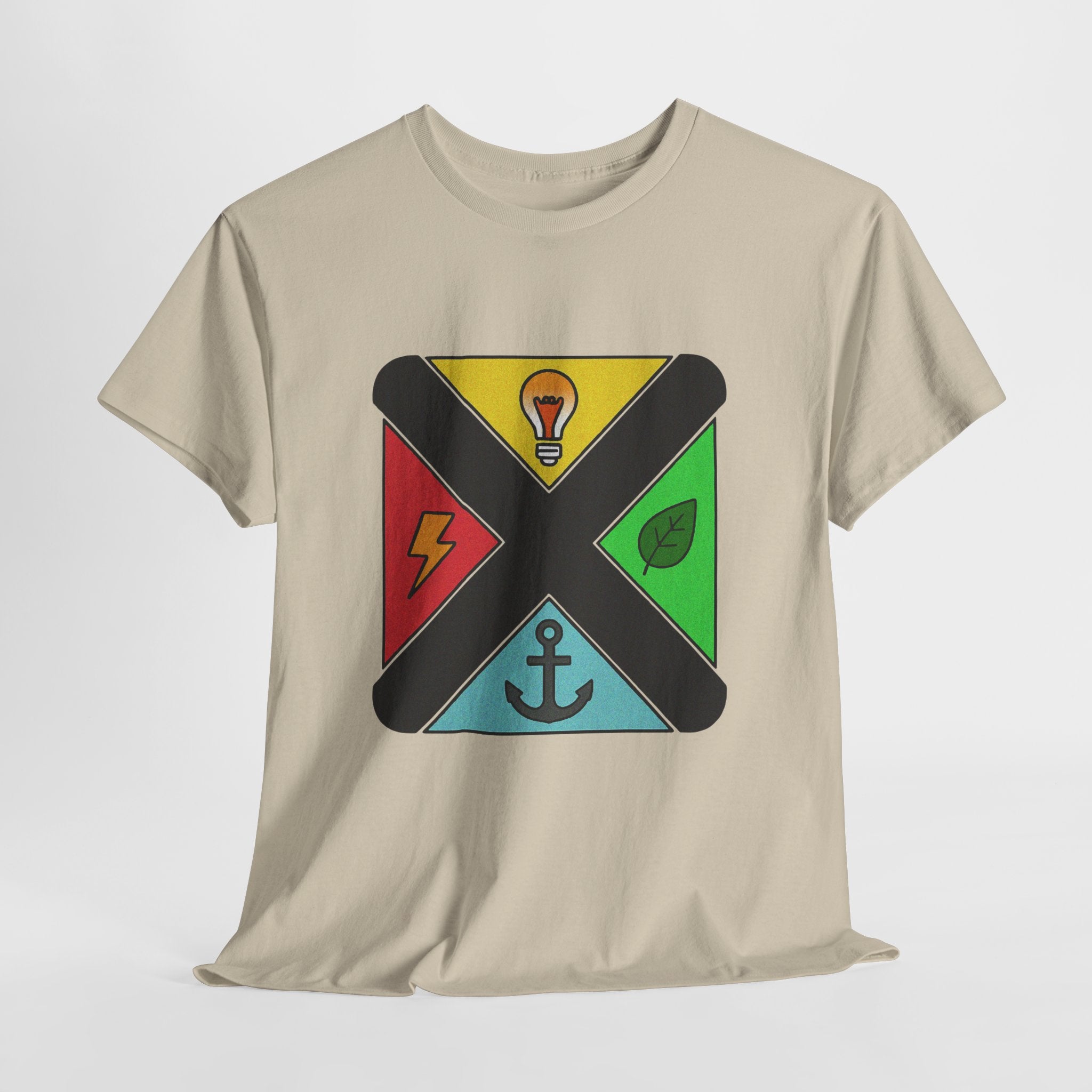 Symbolic Compass T-Shirt — Lightbulb, Lightning, Leaf & Anchor Badge Unisex Tee