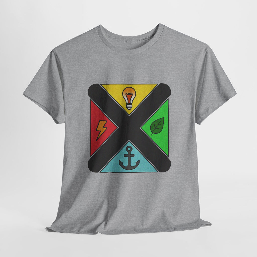 Symbolic Compass T-Shirt — Lightbulb, Lightning, Leaf & Anchor Badge Unisex Tee