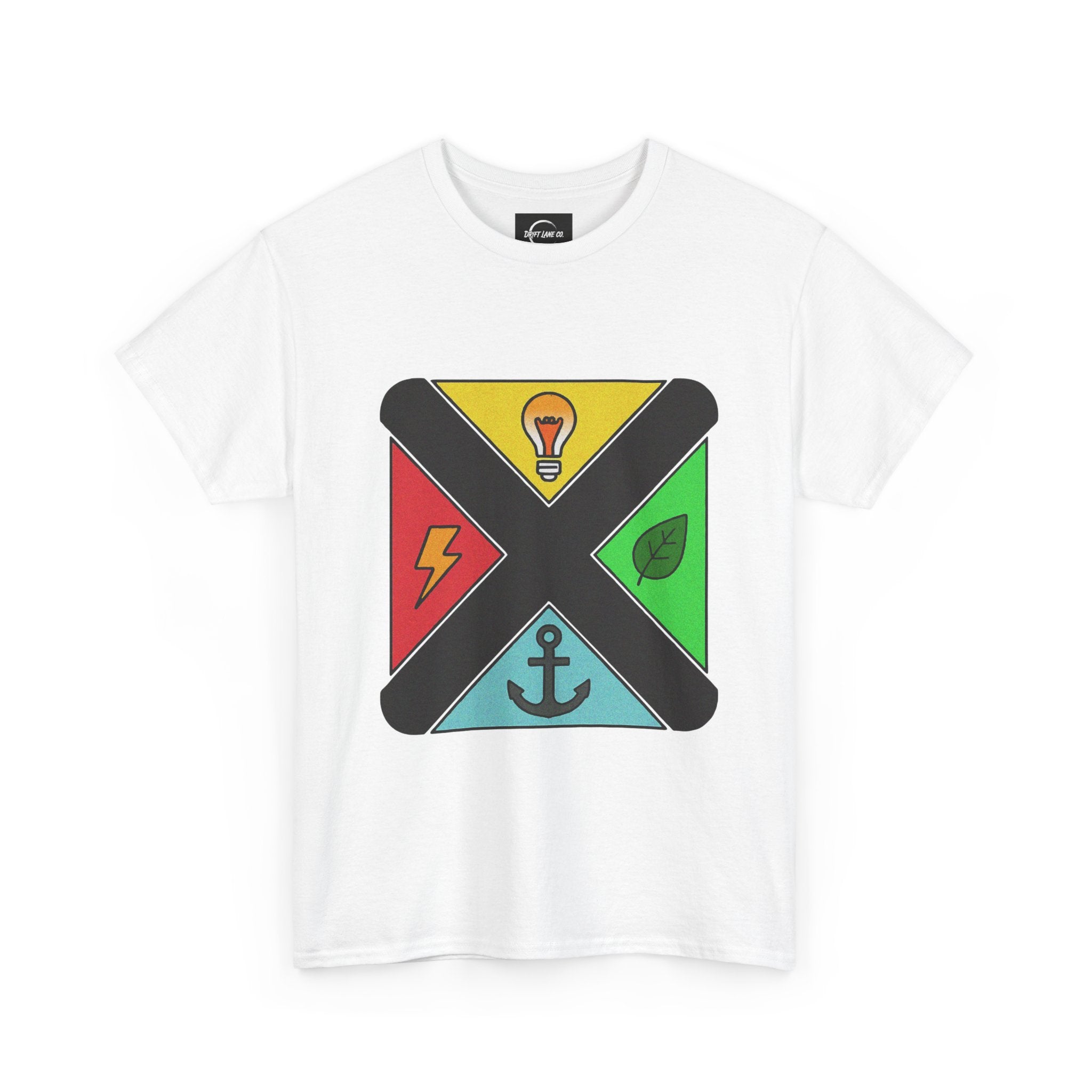 Symbolic Compass T-Shirt — Lightbulb, Lightning, Leaf & Anchor Badge Unisex Tee