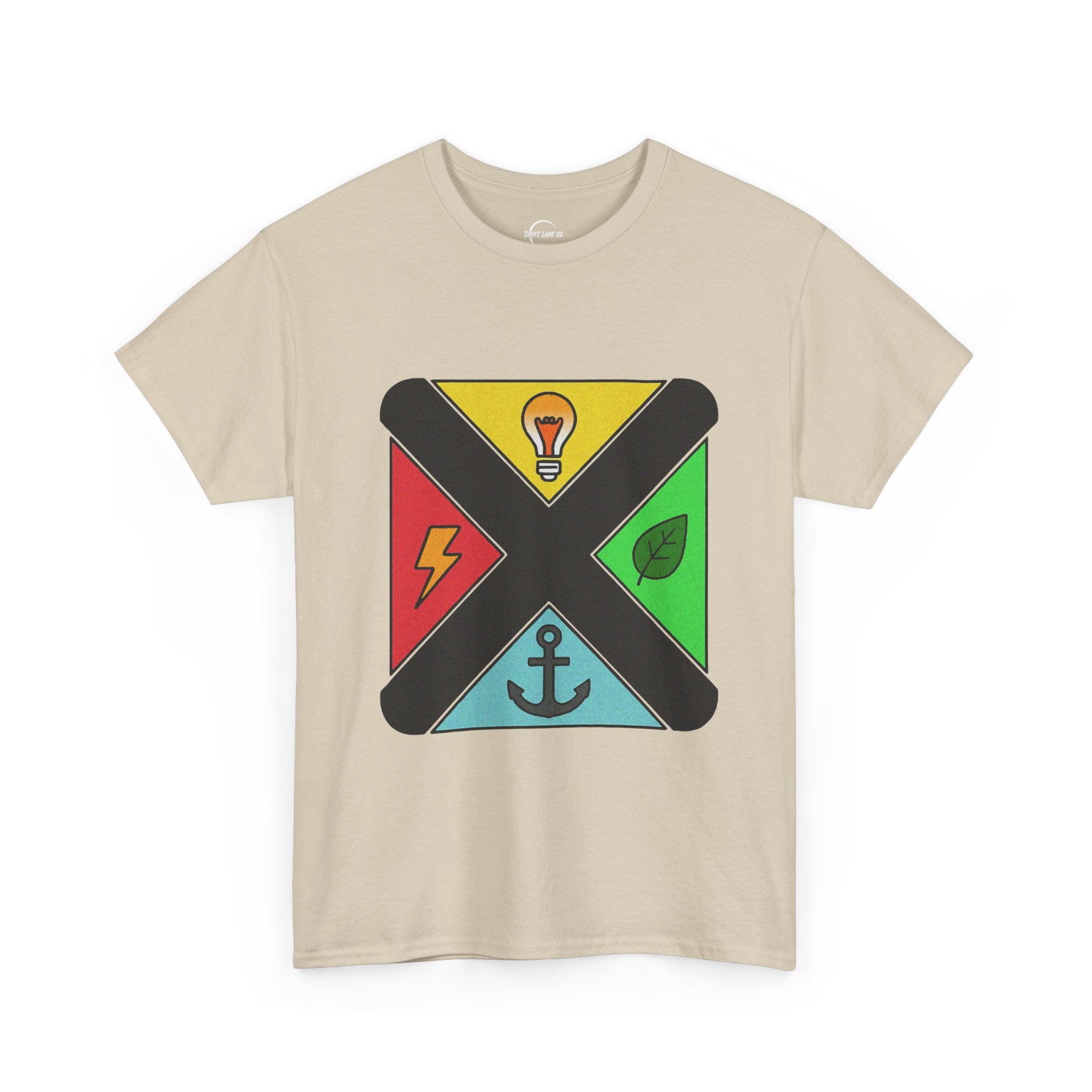 Symbolic Compass T-Shirt — Lightbulb, Lightning, Leaf & Anchor Badge Unisex Tee