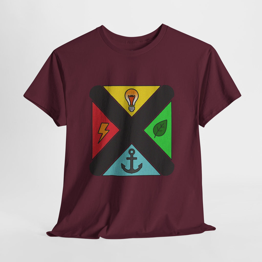 Symbolic Compass T-Shirt — Lightbulb, Lightning, Leaf & Anchor Badge Unisex Tee