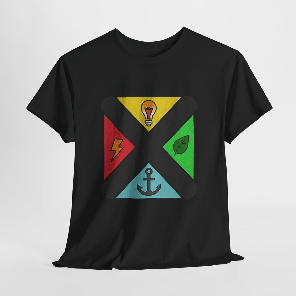 Symbolic Compass T-Shirt — Lightbulb, Lightning, Leaf & Anchor Badge Unisex Tee